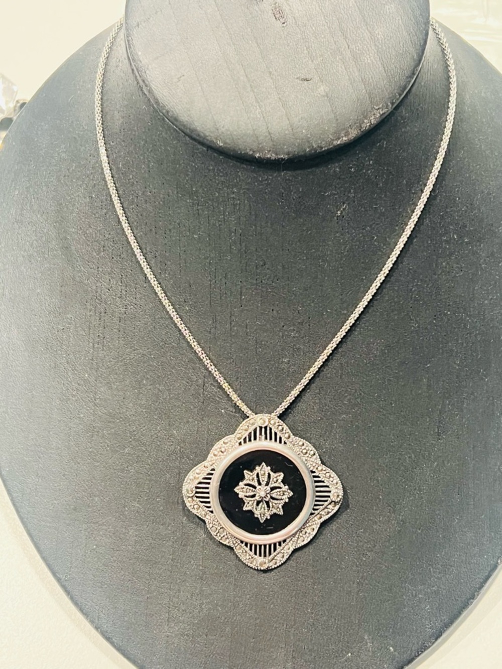 Art Nouveau Onyx and Sterling, silver pendant, 
Chain not included